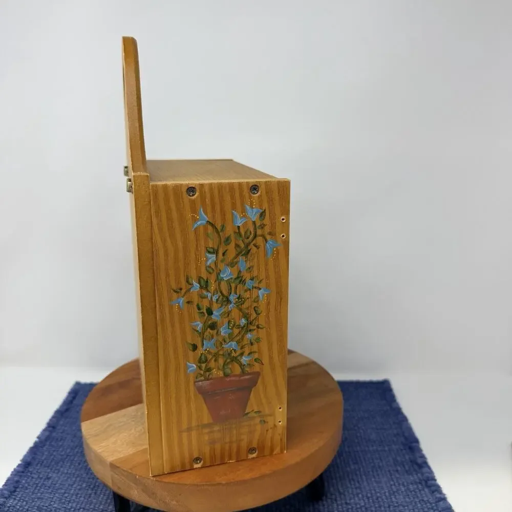 Small Antique Pine Wood Hanging Spice Box With Floral Pattern